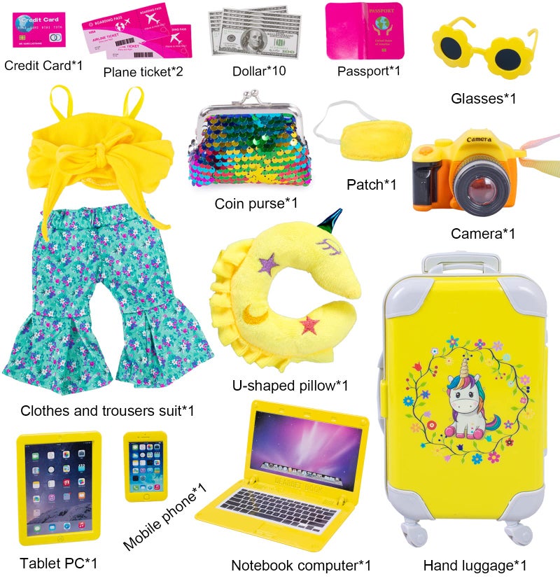 ebuddy 25 Piece Yellow 18 Inch Doll Play Set, Doll Clothes and Accessories Including Luggage, Camera, Computer Glasses, Pillows, Etc (No Doll) - Image 2