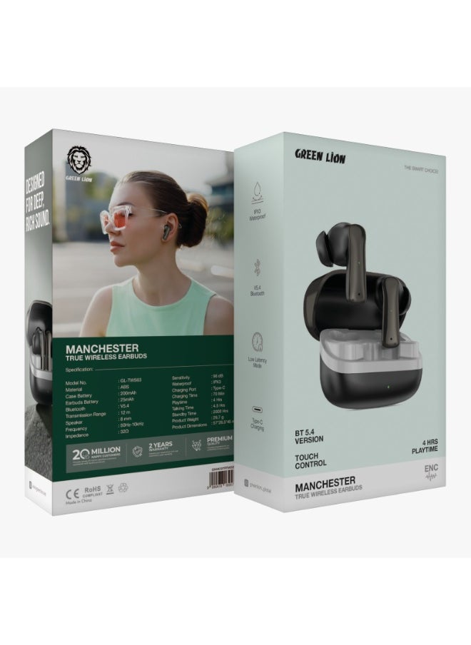 GREEN LION - Manchester True Wireless Earbuds with Bluetooth 5.4 & Low Latency Mode, 4H Playtime, Fast Charging, 8mm Drivers & Long Standby/ Ergonomic Noise-Isolating In-Ear Headphones for Music, Calls & Gaming - Black - Image 1