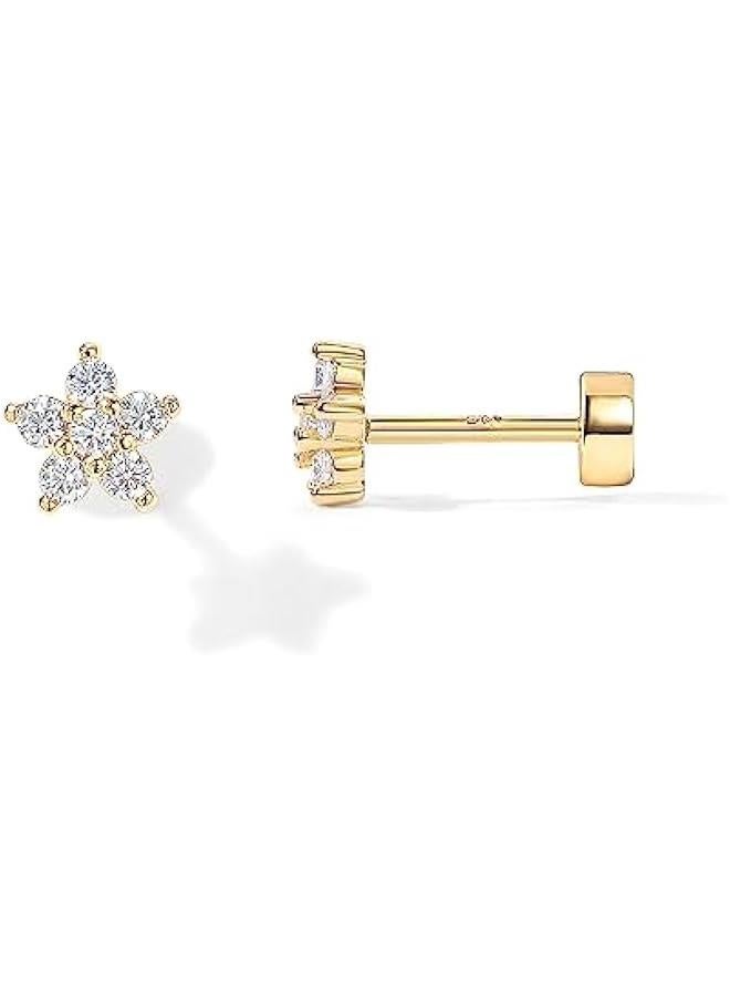 14K Gold Plated Solid 925 Sterling Silver Post Flat Back Stud Earrings for Women | Cartilage Helix Piercing | Cubic Zirconia Earrings - Image 1