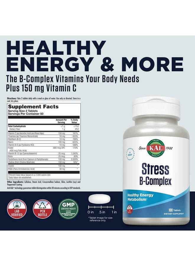 KAL Stress B Complex Vitamin Supplement, Vitamin B Complex for Energy, Stress, Red Blood Cell Formation and Immune Support, with Vitamin B12, B6 and Folic Acid, 60-Day Guarantee, 50 Serv, 100 Tablets - Image 2