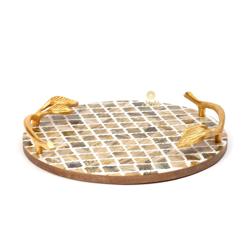 DULI طبق تقديم دائري متعدد الاستخدامات من DULI مع مقابض معدنية ذهبية | طبق تقديم للمنزل وطاولة الطعام، طبق تقديم لتقديم الفواكه (طبق دائري - بني)  - Image 5