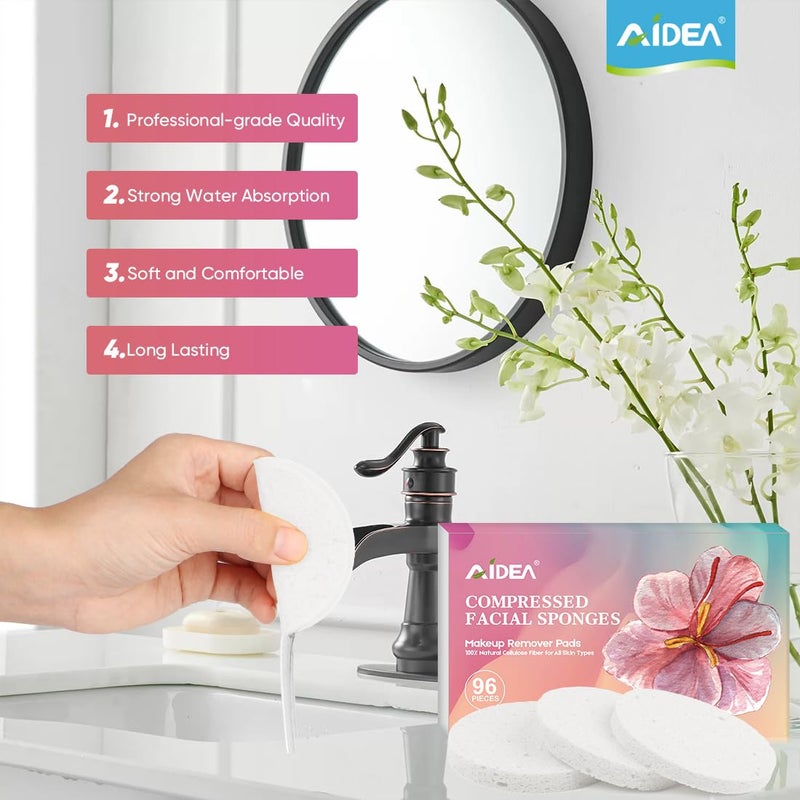 AIDEA Compressed Facial Sponges 96Count White, Round, Face Sponges for Cleansing, Travel Essentials, Natural Cellulose Cosmetic Makeup Sponge for Facial Cleansing, Exfoliating, Makeup Removal - Image 4