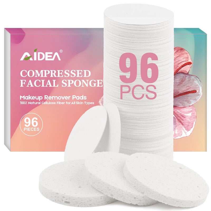AIDEA Compressed Facial Sponges 96Count White, Round, Face Sponges for Cleansing, Travel Essentials, Natural Cellulose Cosmetic Makeup Sponge for Facial Cleansing, Exfoliating, Makeup Removal - Image 1