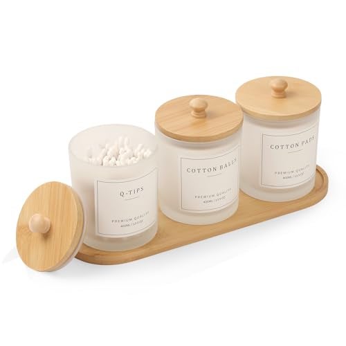 eggs sound 3 Pack Qtip Holder - Bathroom Organizers and Storage, Cotton Round Holder Cotton Swab Dispenser Cotton Ball Holder with Tray, Glass Apothecary Jars with Lids, Bathroom Containers for Floss Pick - Image 1