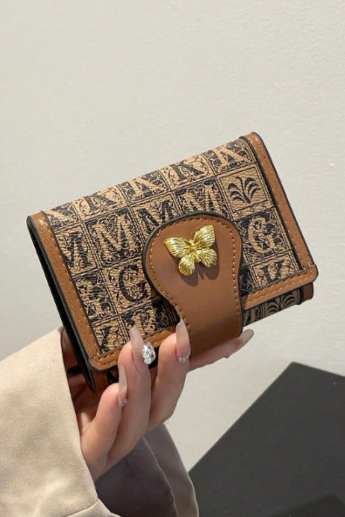 Shein Women's Mini Wallet – Brown & Gold Classic Print – Butterfly Metal Accent - Image 1