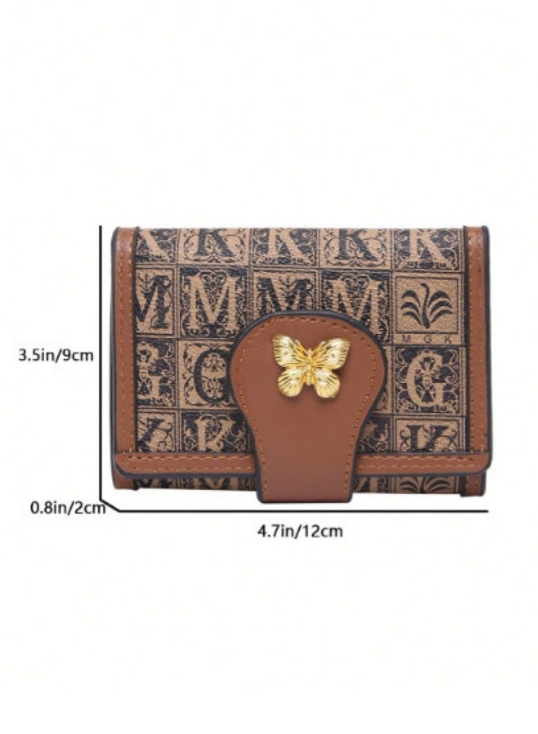 Shein Women's Mini Wallet – Brown & Gold Classic Print – Butterfly Metal Accent - Image 4
