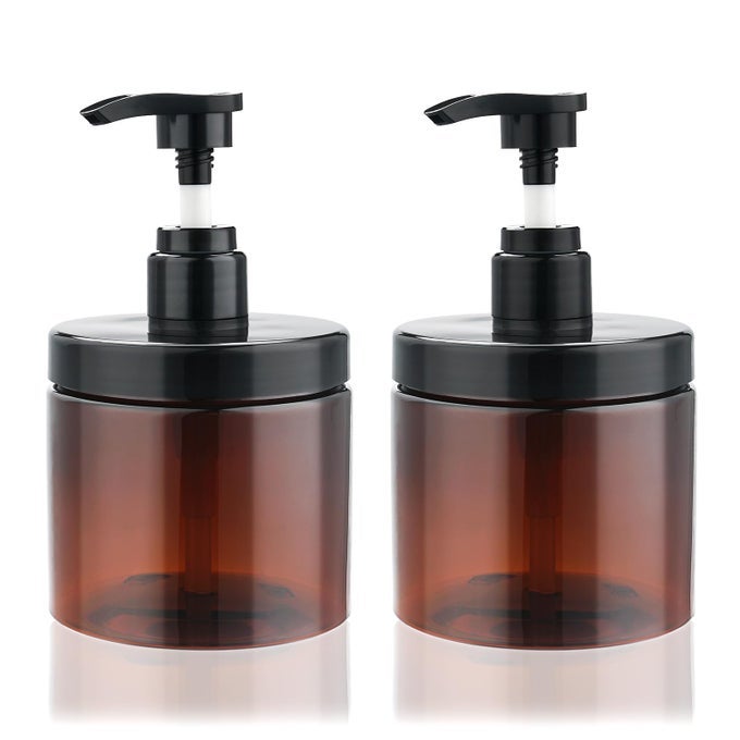 PUMP BOTTLE DISPENSER SHAMPOO AND CONDITIONER DISPENSER 2 PACK 169OZ500ML WIDE MOUTH HAND SOAP DISPENSER REFILLABLE PLASTIC EMPTY LIQUID CONTAINER FOR LOTION BODY WASHBROWN