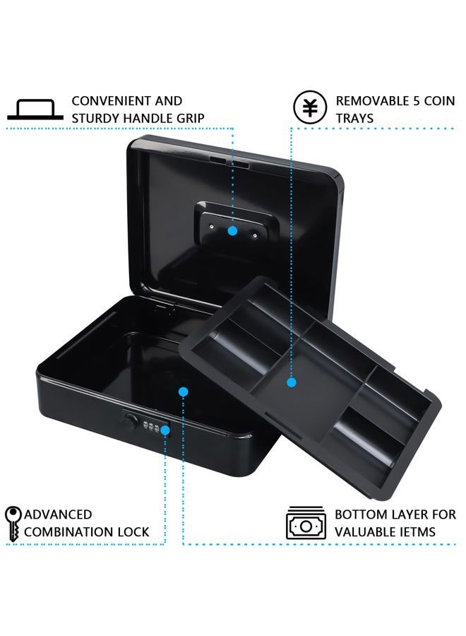 KYODOLED Metal Cash Box with Combination Lock Money Box for Cash Safe Metal Box with Money Tray for Security Lock Box 11.81"x 9.45"x 3.54" Black X Large - Image 3