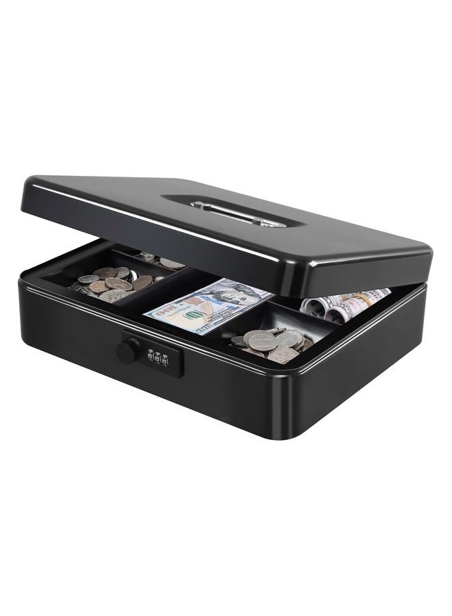 KYODOLED Metal Cash Box with Combination Lock Money Box for Cash Safe Metal Box with Money Tray for Security Lock Box 11.81"x 9.45"x 3.54" Black X Large - Image 1