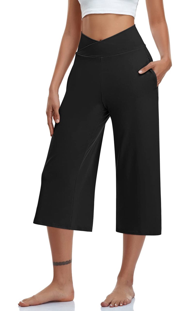 TARSE Womens Casual Wide Leg Yoga Capris Petite Crossover High Waist Capri Pants Loose Soft Pajama Pockets Sweatpants(Black,S) - Image 2