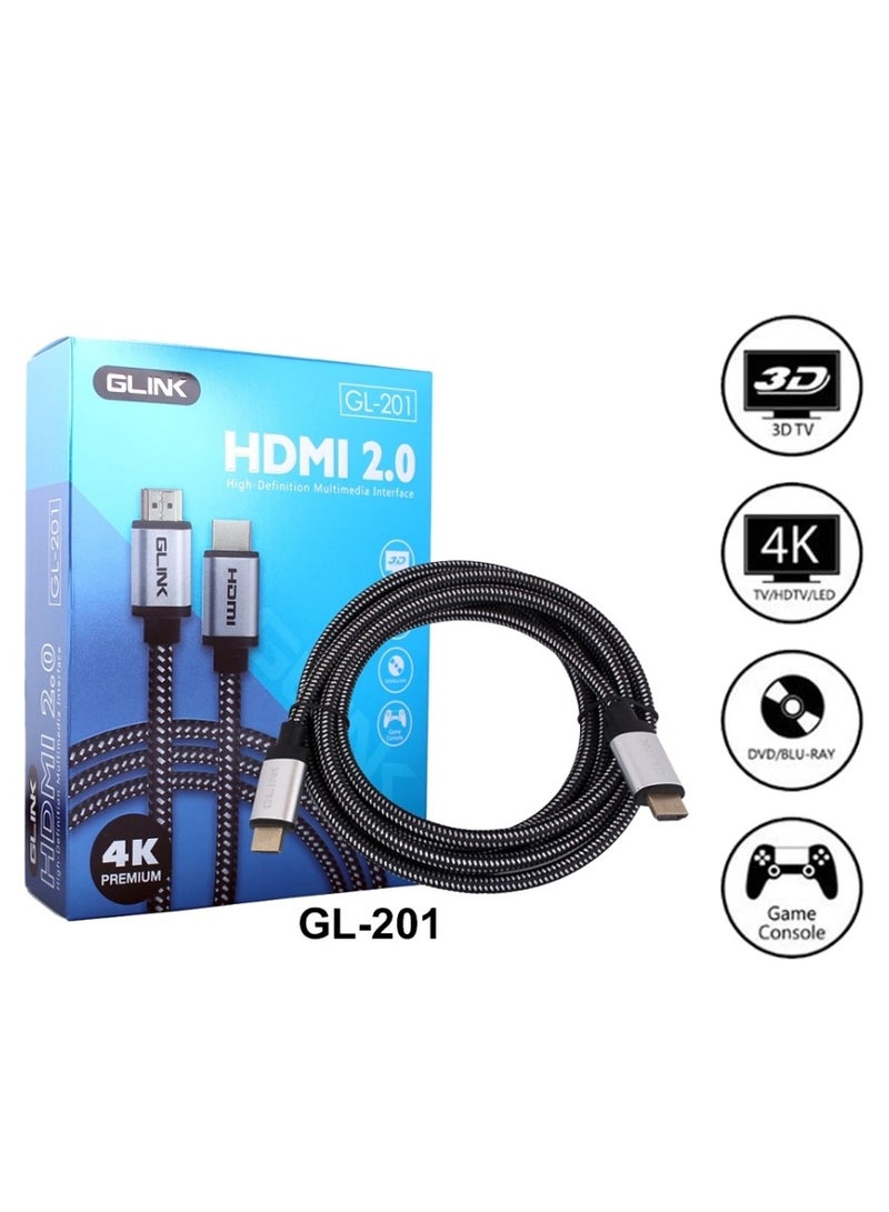 جلينك كابل HDMI فائق السرعة 4K من GLINK GL-201، 2.0 فولت مع إيثرنت 18 جيجابت في الثانية، يدعم DOLBY، 3D، 4K@60Hz، HDCP 2.2، إرجاع الصوت، مضفر قطني، موصل معدني مطلي بالذهب (20متر) - Image 5