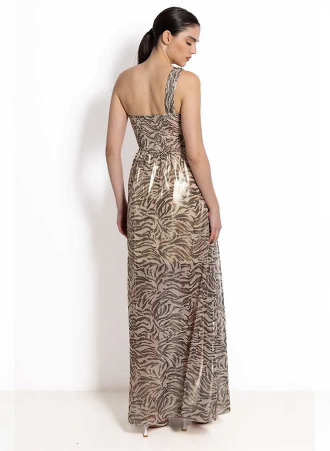 شايبس ANIMAL PRINT ONE SHOULDER SATIN MAXI DRESS