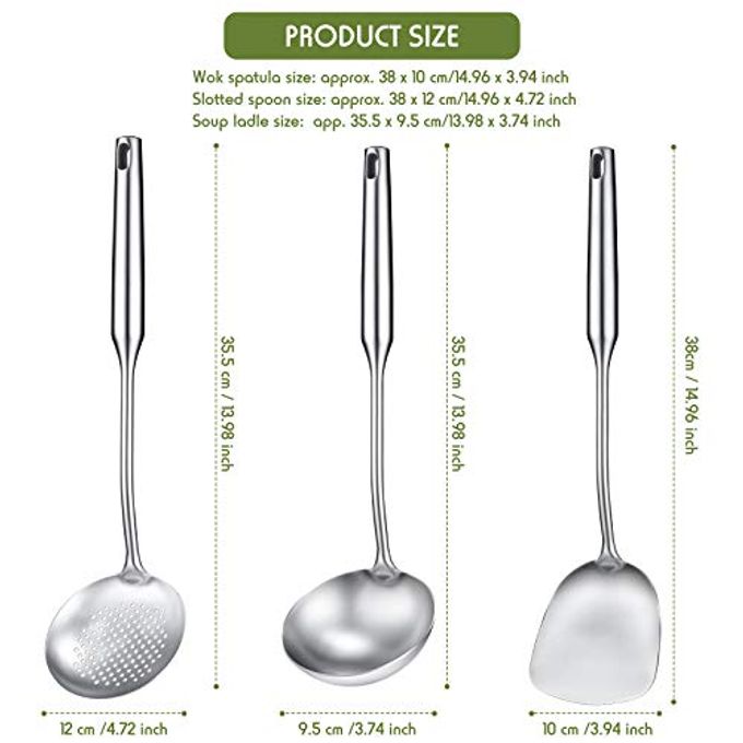 Patelai 3 Pcs 15in Wok Spatula and Ladle, 304 Stainless Steel Wok Utensils All Metal, Utensils Skimmer Ladle Tool Set for Carbon Steel Cooking Baking - Image 5