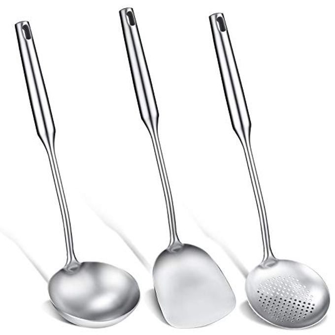 Patelai 3 Pcs 15in Wok Spatula and Ladle, 304 Stainless Steel Wok Utensils All Metal, Utensils Skimmer Ladle Tool Set for Carbon Steel Cooking Baking - Image 1