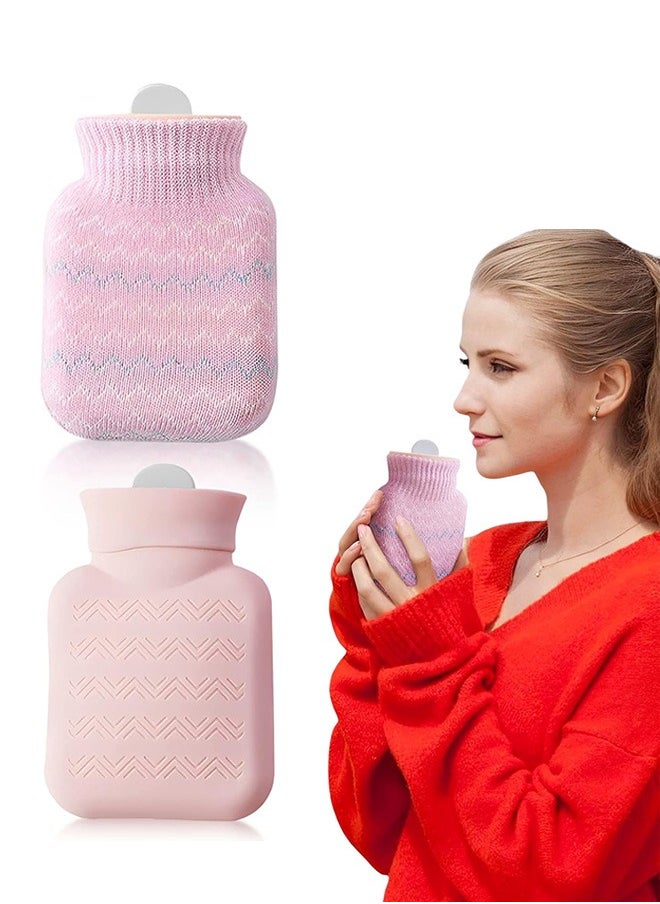 Beauenty Hot Water Bottle with Soft Knitted Cover, Small Reusable Silicone Hot Water Bottle, Portable Removeable and Washable Hand Warmers with Knit Bottle Sleeve for Indoor and Outdoor (Pink)  - Image 1