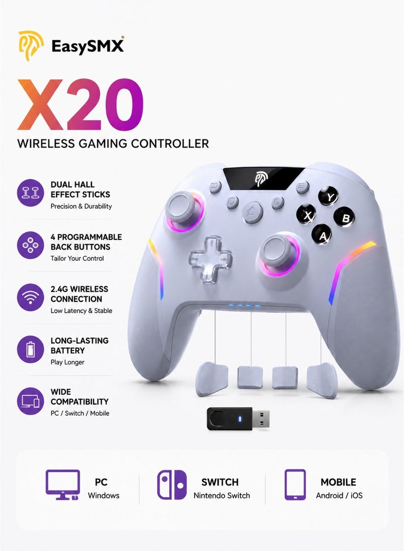 EasySMX X20 Wireless Gaming Controller with RGB Backlit, 2-Stage Hall Effect Stick, 1000Hz Polling Rate, 6-Axis Gyro on Multi-Platform, Mech Buttons- Compatible with PC/Switch/Steam/Android - Image 1