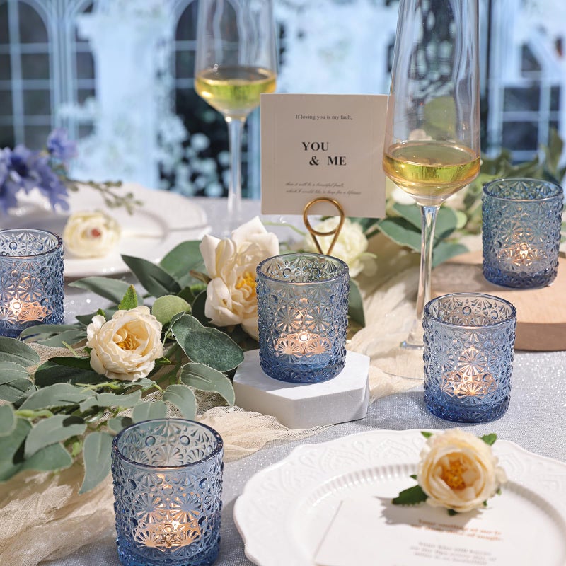 Lanttu Blue Votive Candle Holder Set of 36, Flower Tea Lights Candles Holders for Wedding Table Centerpieces, Birthday Parties, Home Decor, Blue Bridal Shower and Holiday Decorations - Image 4