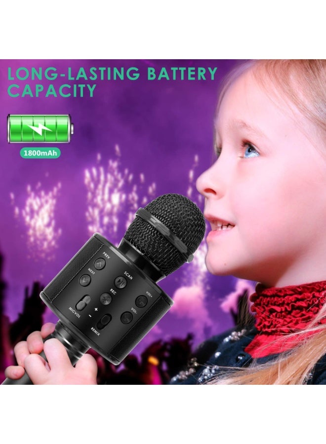 ميكروفون كاريوكي لاسلكي يعمل بتقنية البلوتوث للأطفال، 5 في 1 محمول باليد، ميكروفون كاريوكي، مكبر صوت، مشغل مسجل مع راديو FM قابل للتعديل للأطفال والبنات والمراهقين وأعياد الميلاد (أسود) - Image 3