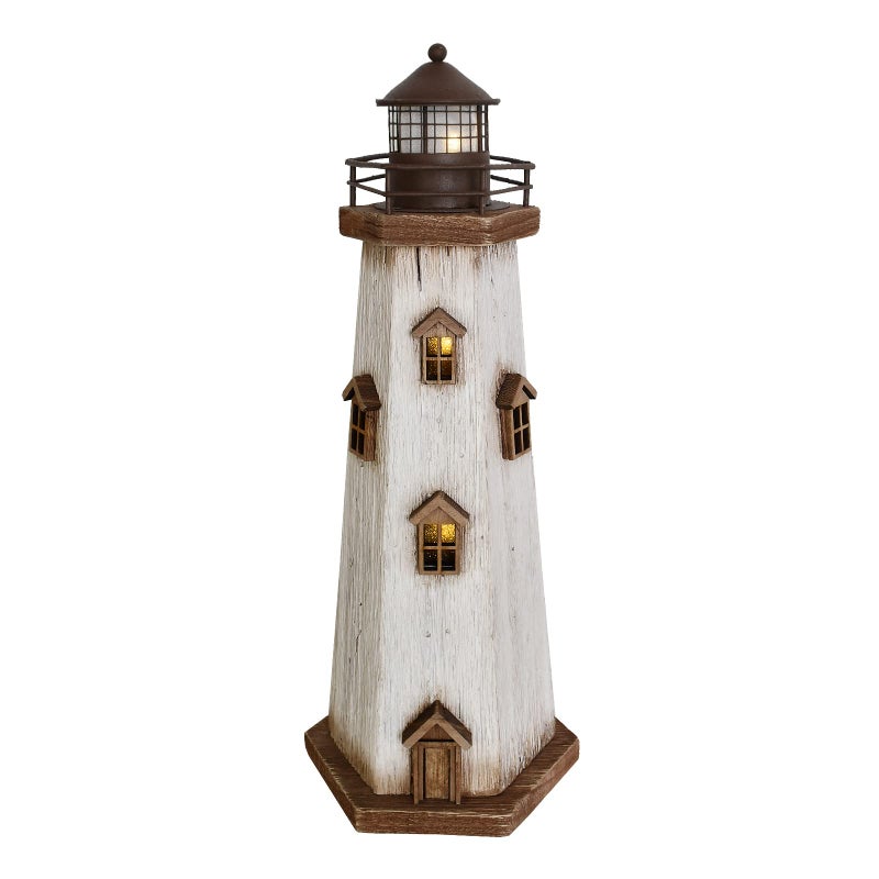 Morning View Lighthouse Decor Nautical Decoration Lighted Wood Light House Figurine Beach House Coastal Decor Table Ocean Seaside Theme Home Decor Lake House Bathroom Shelf Centerpiece 16" (White) - Image 1