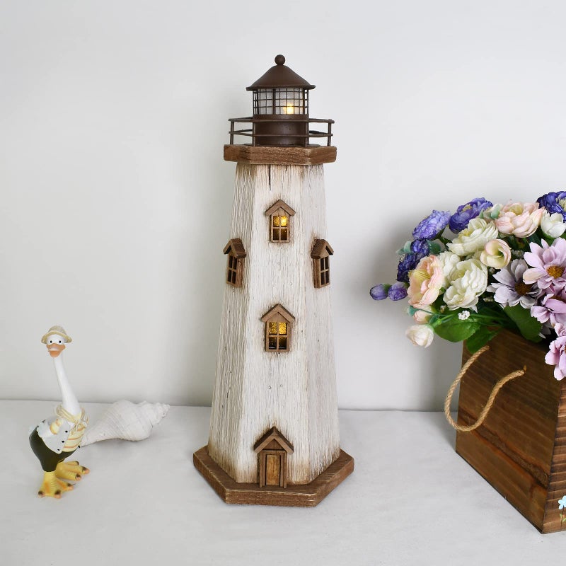 Morning View Lighthouse Decor Nautical Decoration Lighted Wood Light House Figurine Beach House Coastal Decor Table Ocean Seaside Theme Home Decor Lake House Bathroom Shelf Centerpiece 16" (White) - Image 5