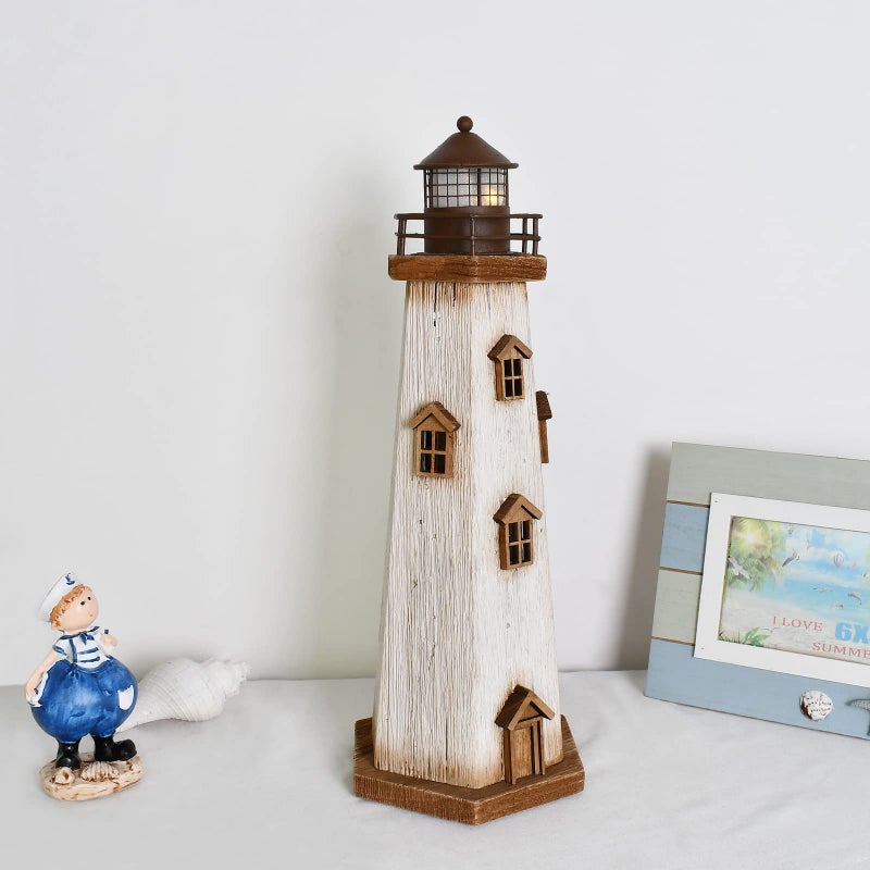 Morning View Lighthouse Decor Nautical Decoration Lighted Wood Light House Figurine Beach House Coastal Decor Table Ocean Seaside Theme Home Decor Lake House Bathroom Shelf Centerpiece 16" (White) - Image 4