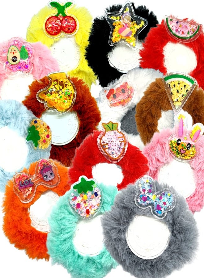 Quarya Scrunchies Furry Fluffy Soft Bands Set of 12 Scrunchies with Cartoon Stickers Elastic Rubber Headband Ruffle Hair For Girls Toddlers Kids MultiColor - Pack of 12 Scrunchies - Image 1
