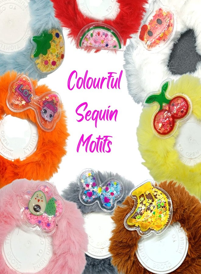 Quarya Scrunchies Furry Fluffy Soft Bands Set of 12 Scrunchies with Cartoon Stickers Elastic Rubber Headband Ruffle Hair For Girls Toddlers Kids MultiColor - Pack of 12 Scrunchies - Image 3