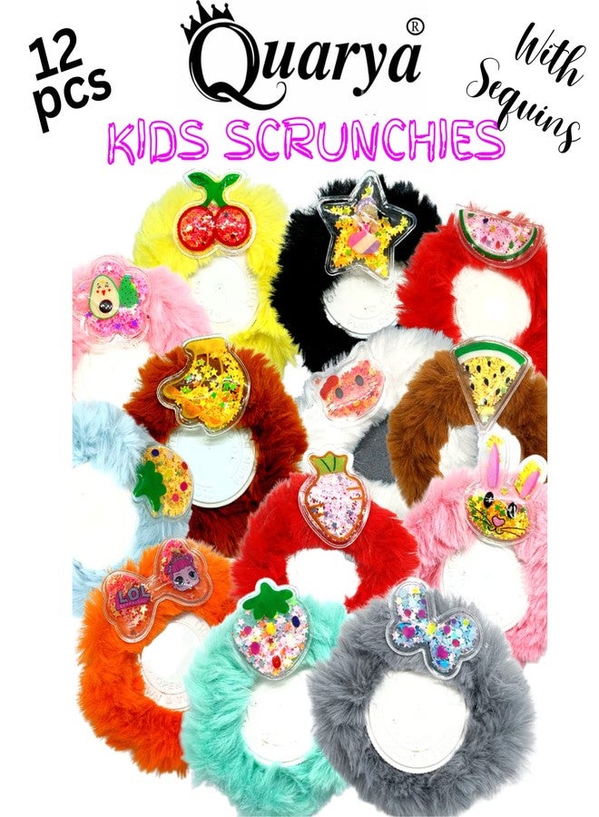Quarya Scrunchies Furry Fluffy Soft Bands Set of 12 Scrunchies with Cartoon Stickers Elastic Rubber Headband Ruffle Hair For Girls Toddlers Kids MultiColor - Pack of 12 Scrunchies - Image 2