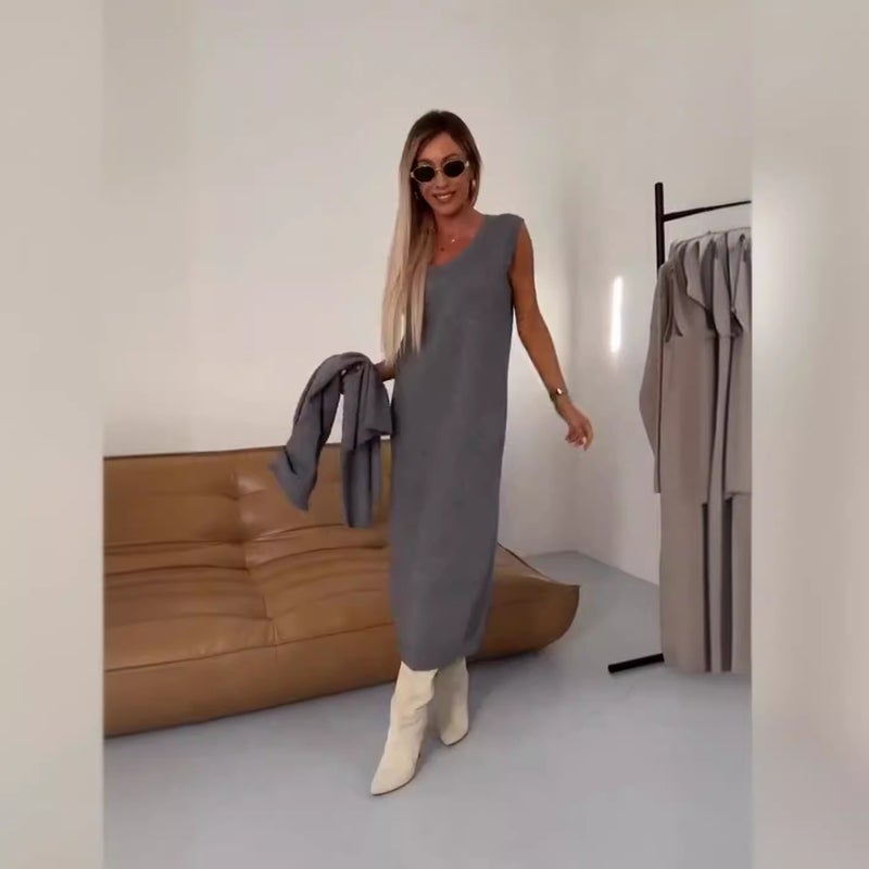 New Sweater Dress Turtleneck Long Dress Two-Piece Set Solid Color Knitted Dress - Image 2