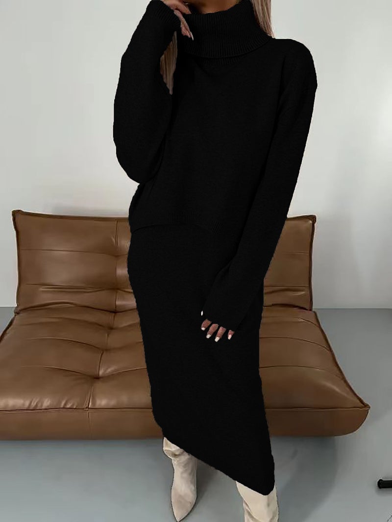 New Sweater Dress Turtleneck Long Dress Two-Piece Set Solid Color Knitted Dress - Image 1