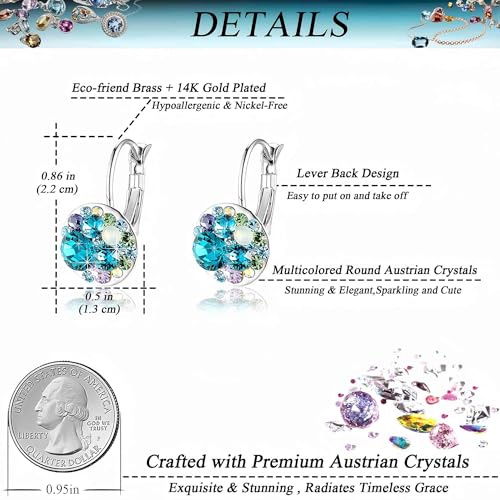 EVEVIC Multicolored Austrian Crystal Leverback Earrings for Women 14K Gold Plated Dangle Hoop Earrings (Blue Green Crystals/Silver-tone) - Image 4