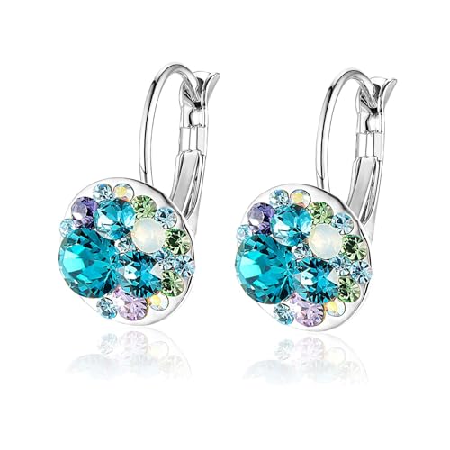 EVEVIC Multicolored Austrian Crystal Leverback Earrings for Women 14K Gold Plated Dangle Hoop Earrings (Blue Green Crystals/Silver-tone) - Image 1
