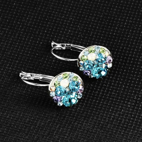 EVEVIC Multicolored Austrian Crystal Leverback Earrings for Women 14K Gold Plated Dangle Hoop Earrings (Blue Green Crystals/Silver-tone) - Image 3