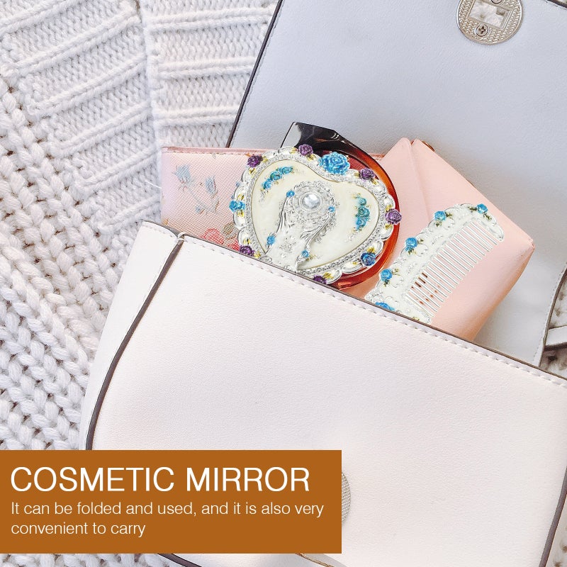 💄 طقم مشط ومرآة تجميل يدوي للنساء بمقبض على شكل قلب فضي - Image 3