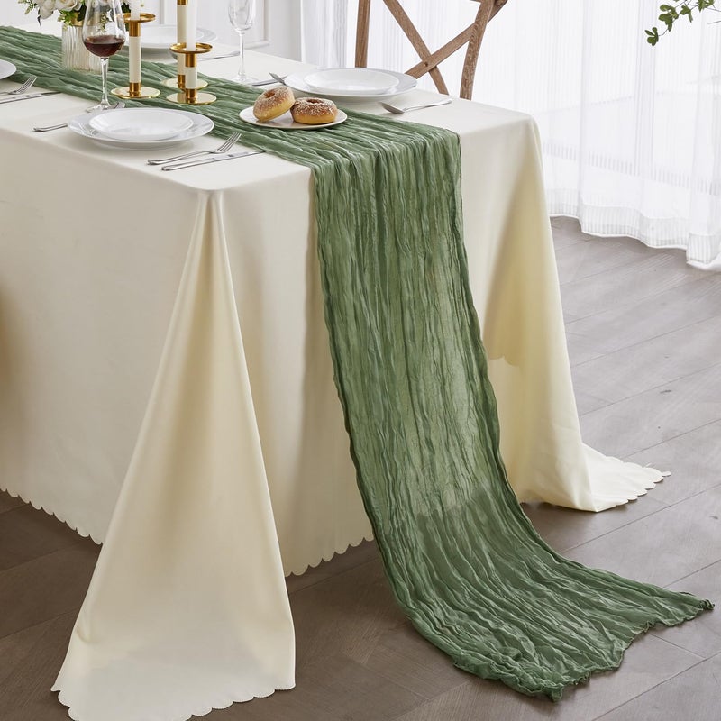 Nialnant Niallant Cheese Cloth Table Runner 35 x 160 Inch Sage Green Boho Table Runner for Special Banquets Weddings and Parties