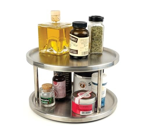 RSVP International Two-Tier Turntable Lazy Susan | Handy in Cabinet, Refrigerators & Counters | Organize Spices, Canned Foods, Pots, Pans, Dinnerware, 10.5" x 6", Stainless Steel - Image 3