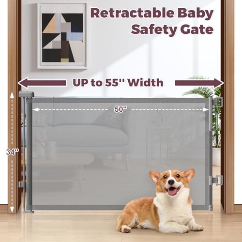 Cideny Retractable Baby Gate for Stairs Doorways Mesh Dog Gate Indoor Outdoor Extends to 55 Wide 34 Tall Child Gate for Hallways Deck Porch Pet Toddler Safety Essentials Easy Install Grey - Image 3