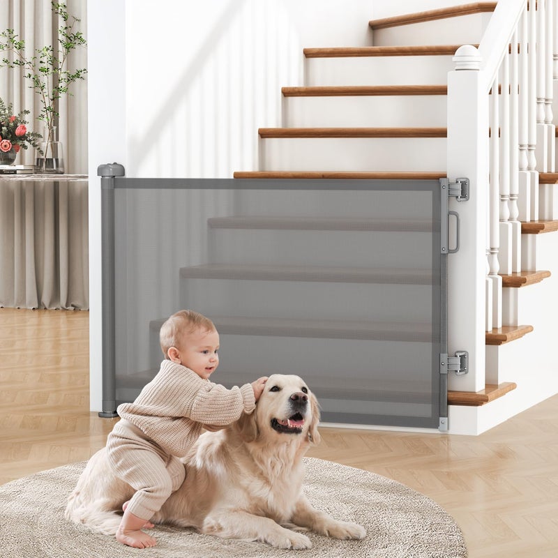 Cideny Retractable Baby Gate for Stairs Doorways Mesh Dog Gate Indoor Outdoor Extends to 55 Wide 34 Tall Child Gate for Hallways Deck Porch Pet Toddler Safety Essentials Easy Install Grey - Image 2