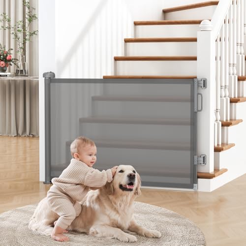 Cideny Retractable Baby Gate for Stairs Doorways Mesh Dog Gate Indoor Outdoor Extends to 55 Wide 34 Tall Child Gate for Hallways Deck Porch Pet Toddler Safety Essentials Easy Install Grey - Image 1