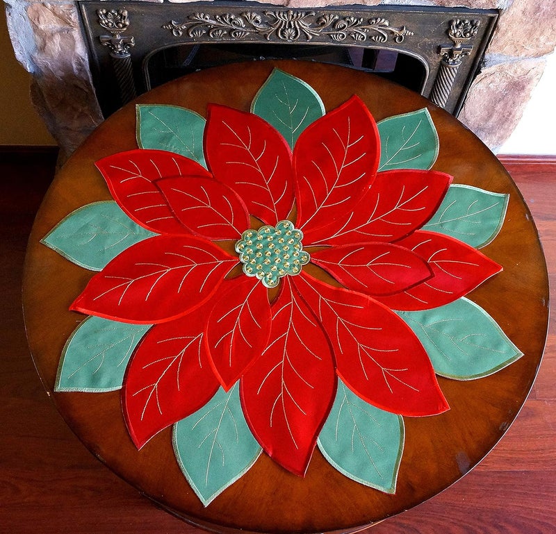 GRANDDECO غطاء طاولة عيد الميلاد مع تطريز زهرة بونستيا الحمراء والخضراء 34x34 لتزيين طاولة العشاء في المنزل - Image 3