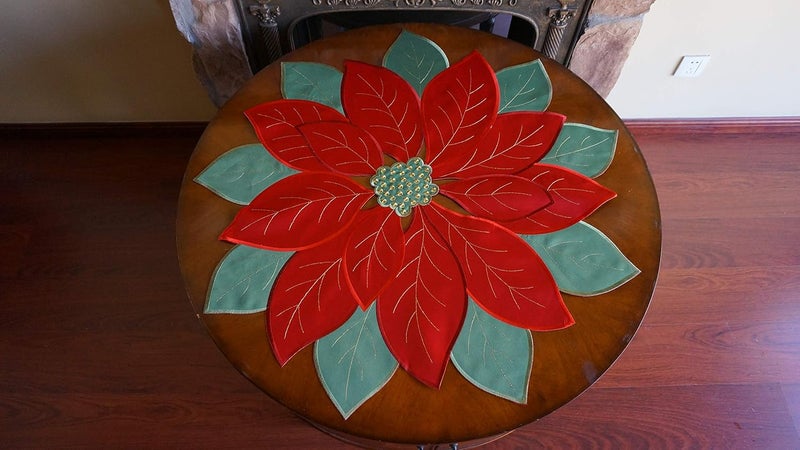 GRANDDECO غطاء طاولة عيد الميلاد مع تطريز زهرة بونستيا الحمراء والخضراء 34x34 لتزيين طاولة العشاء في المنزل - Image 4