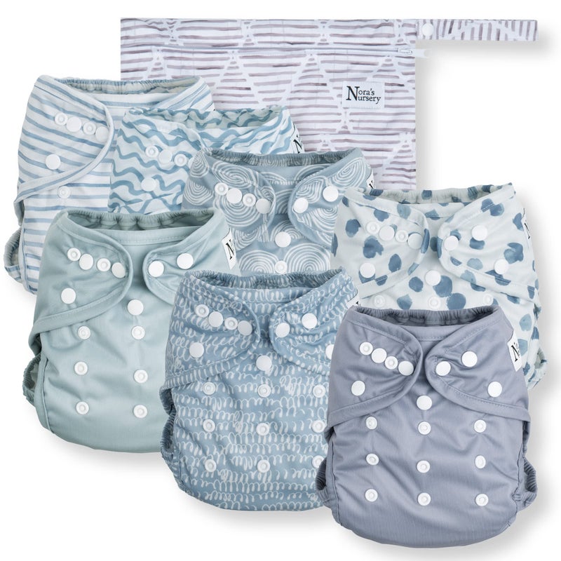 Nora's Nursery Cloth Diaper Cover, Reusable Cover with Snap Closure, Shell for Prefold, Flat, or Fitted Inserts, Includes Wet Bag - Something Blue - Image 1