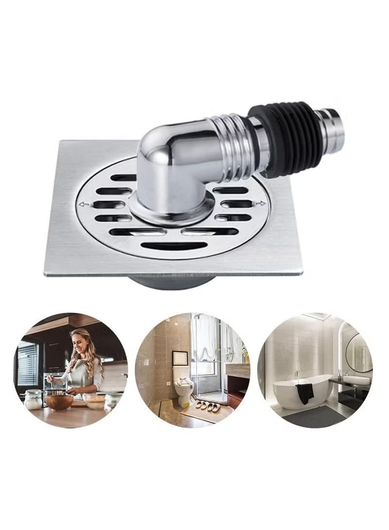 Washing Machine Floor Drain Cover, Bathroom Square Sink Drain Strainers, Easy Clean, Home with Pipe Connector (Silver) - Image 2