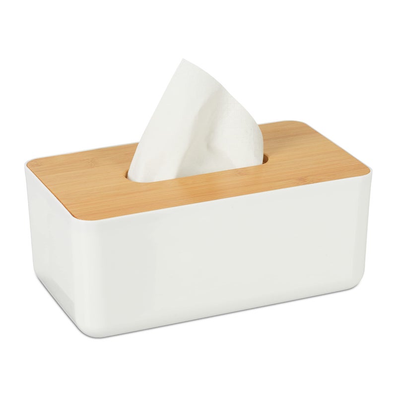 Relaxdays Tissue Box Cover with Bamboo Top Baby Wipe Dispenser Kitchen Napkin Holder Bathroom 10 x 23 x 13 cm White
