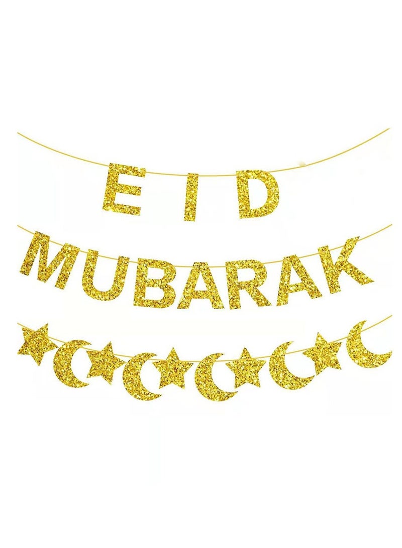 general Eid Mubarak Banner,Ramadan Mubarak Party Decorations Home, Gold Glitter Moon Stars Bunting Garland for Eid Celebration Decoration Muslim Islamic Ramadan Kareem Party Supplies - Image 1