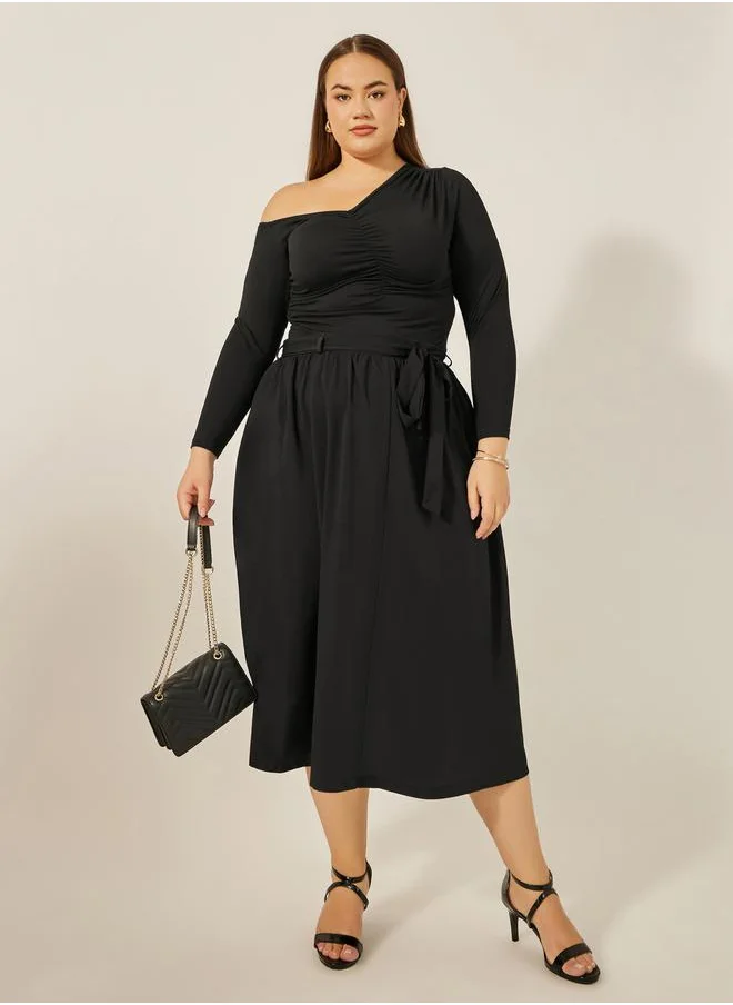 ستايلي Plus Size Gathered Detail Midi Skirt with Tie-Up Belt Detail