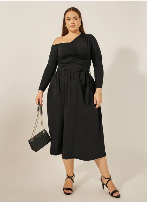 Plus Size Gathered Detail Midi Skirt with Tie-Up Belt Detail