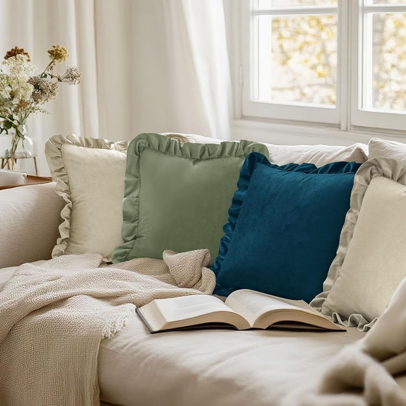 JIUZHEN Velvet Soild Throw Pillow Covers, Decorative Throw Pillow Covers for Couch Sofa Livingroom Car, 22x22 Inch, Set of 2 with Ruffles, Bean Green - Image 5