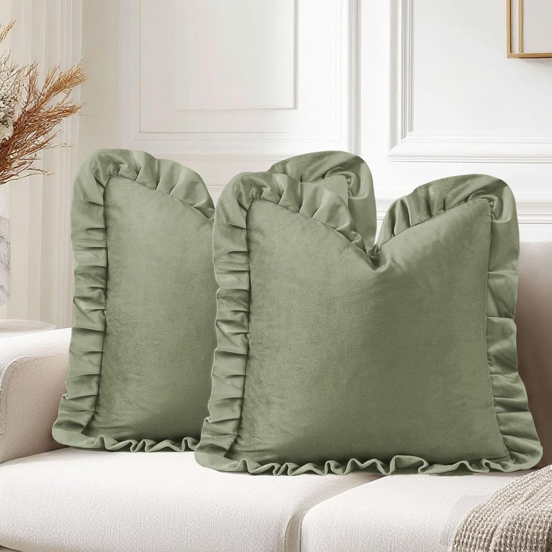 JIUZHEN Velvet Soild Throw Pillow Covers, Decorative Throw Pillow Covers for Couch Sofa Livingroom Car, 22x22 Inch, Set of 2 with Ruffles, Bean Green - Image 1