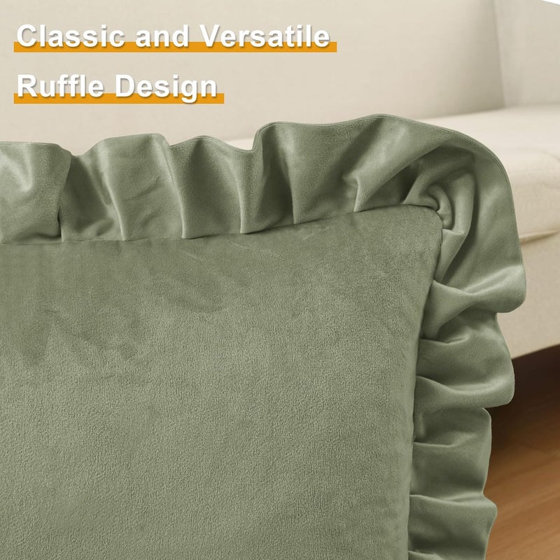 JIUZHEN Velvet Soild Throw Pillow Covers, Decorative Throw Pillow Covers for Couch Sofa Livingroom Car, 22x22 Inch, Set of 2 with Ruffles, Bean Green - Image 3